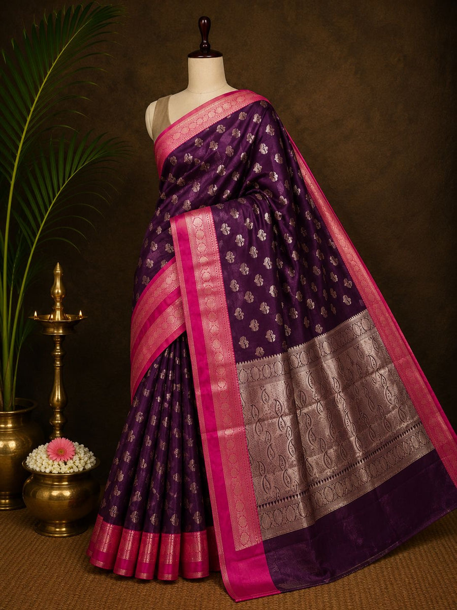 Wine purple Banarasi saree with rani pink border and silver zari buti