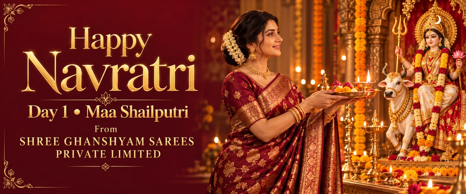Happy Navratri, Day 1 — Maa Shailputri. From Shree Ghanshyam Sarees Private Limited.