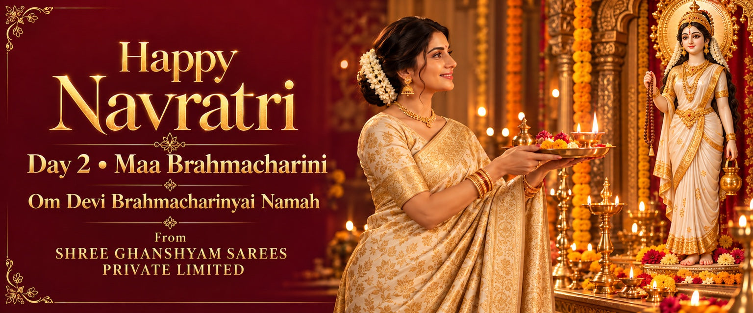 Happy Navratri, Day 2 — Maa Brahmacharini. Om Devi Brahmacharinyai Namah. From Shree Ghanshyam Sarees Private Limited.