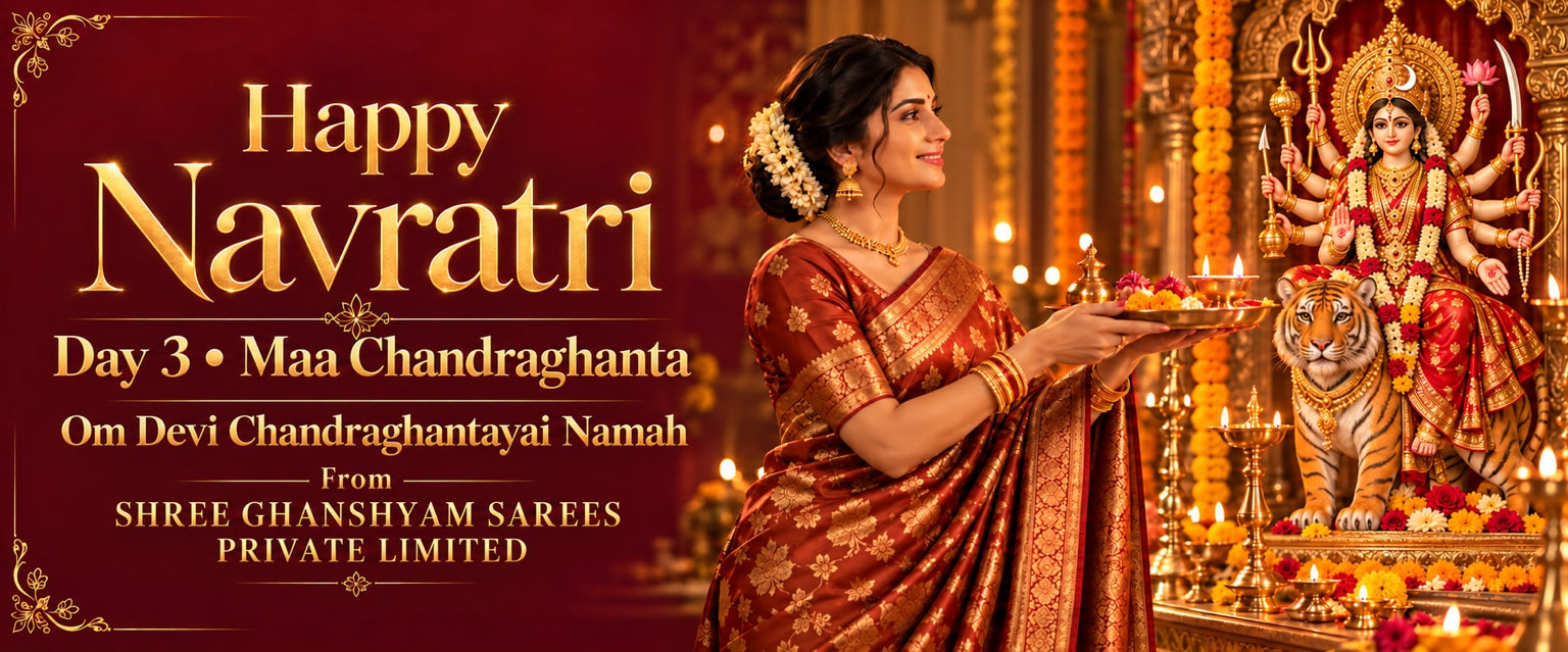 Happy Navratri, Day 3 — Maa Chandraghanta. From Shree Ghanshyam Sarees Private Limited.